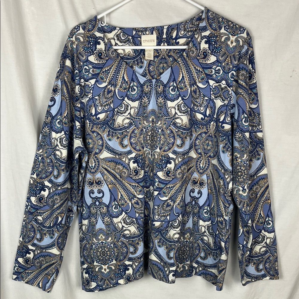 Chicos Blue and White Paisley Cotton Blend Blouse